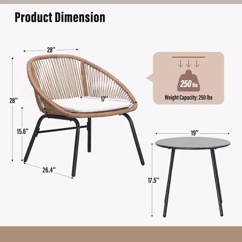 LAUSAINT 3-Piece HOME Wicker Bistro Set 2 Wide Chairs and Coffee Table Perfect Porch, Backyard, Balcony