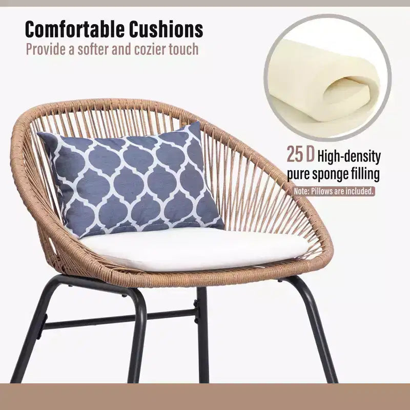 LAUSAINT 3-Piece HOME Wicker Bistro Set 2 Wide Chairs and Coffee Table Perfect Porch, Backyard, Balcony