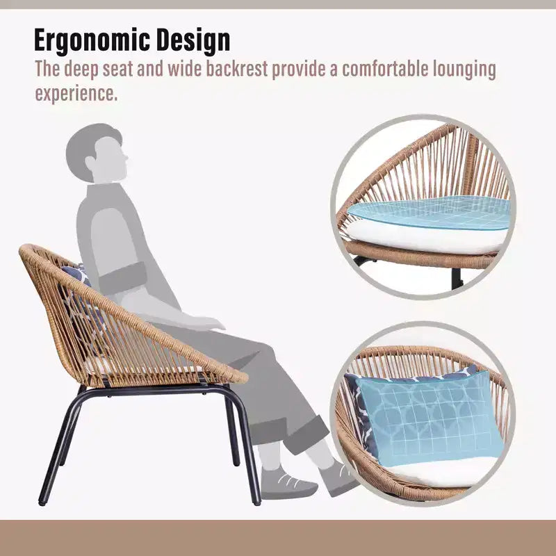LAUSAINT 3-Piece HOME Wicker Bistro Set 2 Wide Chairs and Coffee Table Perfect Porch, Backyard, Balcony