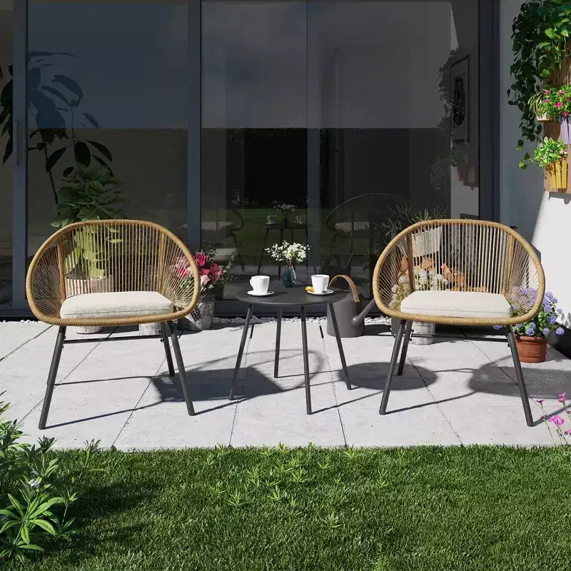 LAUSAINT 3-Piece HOME Wicker Bistro Set 2 Wide Chairs and Coffee Table Perfect Porch, Backyard, Balcony