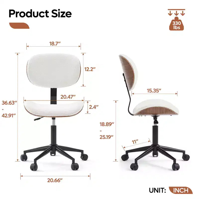 Bestier Bentwood Ergonomic Armless Home Office Desk Chair, Comfy Table Chair with Lumbar Support, PU Leather Height Adjustable Task Chair with Wheels