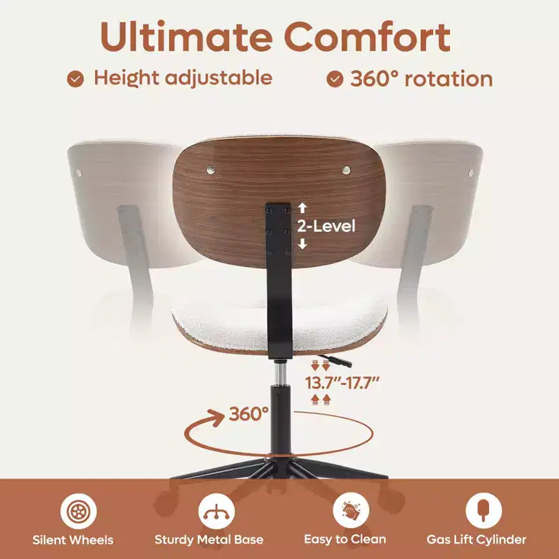 Bestier Bentwood Ergonomic Armless Home Office Desk Chair, Comfy Table Chair with Lumbar Support, PU Leather Height Adjustable Task Chair with Wheels