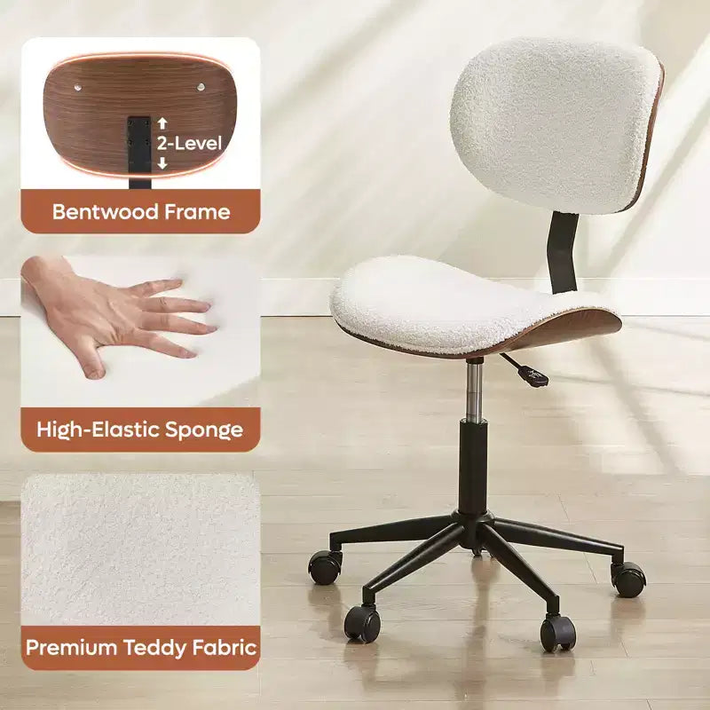 Bestier Bentwood Ergonomic Armless Home Office Desk Chair, Comfy Table Chair with Lumbar Support, PU Leather Height Adjustable Task Chair with Wheels