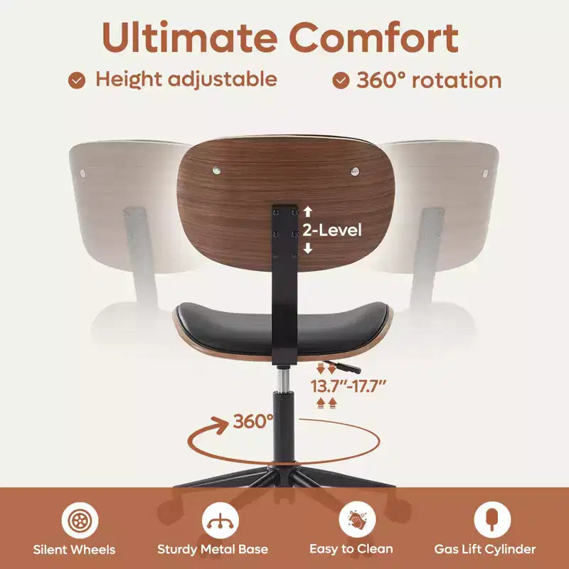 Bestier Bentwood Ergonomic Armless Home Office Desk Chair, Comfy Table Chair with Lumbar Support, PU Leather Height Adjustable Task Chair with Wheels