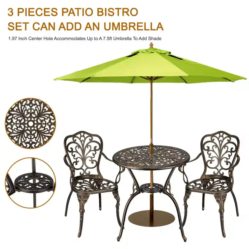 CuisinSmart 3 Piece Bistro Set, Rust-Resistant Cast Aluminum Patio Outdoor Bistro Set with Umbrella Hole for Backyard, Balcony, Front Porch