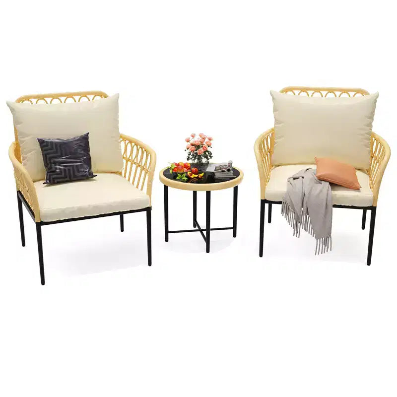 Bistro Set 3-Piece, Patio Conversation Set, All-Weather Wicker Outdoor Sectional Furniture Chairs with Table & Cushions, for Garden, Patio, Deck