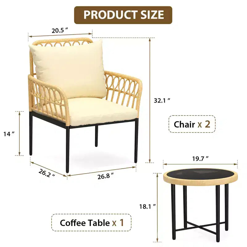 Bistro Set 3-Piece, Patio Conversation Set, All-Weather Wicker Outdoor Sectional Furniture Chairs with Table & Cushions, for Garden, Patio, Deck