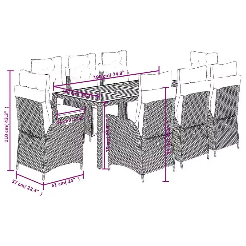 vidaXL Patio Dining Set with Cushions Table and Chairs Bistro Set Poly Rattan - Gray Without footrest 8-Piece