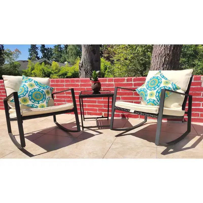 Kozyard 3 Piece Outdoor Rocking Chairs Patio Bistro Set with Table and Cushions for Garden Porch Backyard Bistro