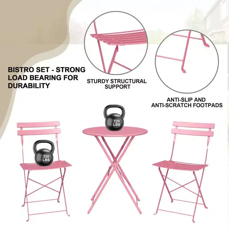 COZONY 3-Piece Folding Bistro Set with 2 Chairs and Table, Steel Outdoor Patio Furniture for Balcony Garden Patio