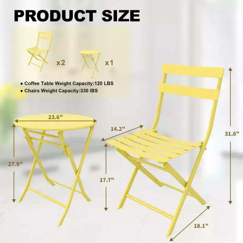 COZONY 3-Piece Folding Bistro Set with 2 Chairs and Table, Steel Outdoor Patio Furniture for Balcony Garden Patio