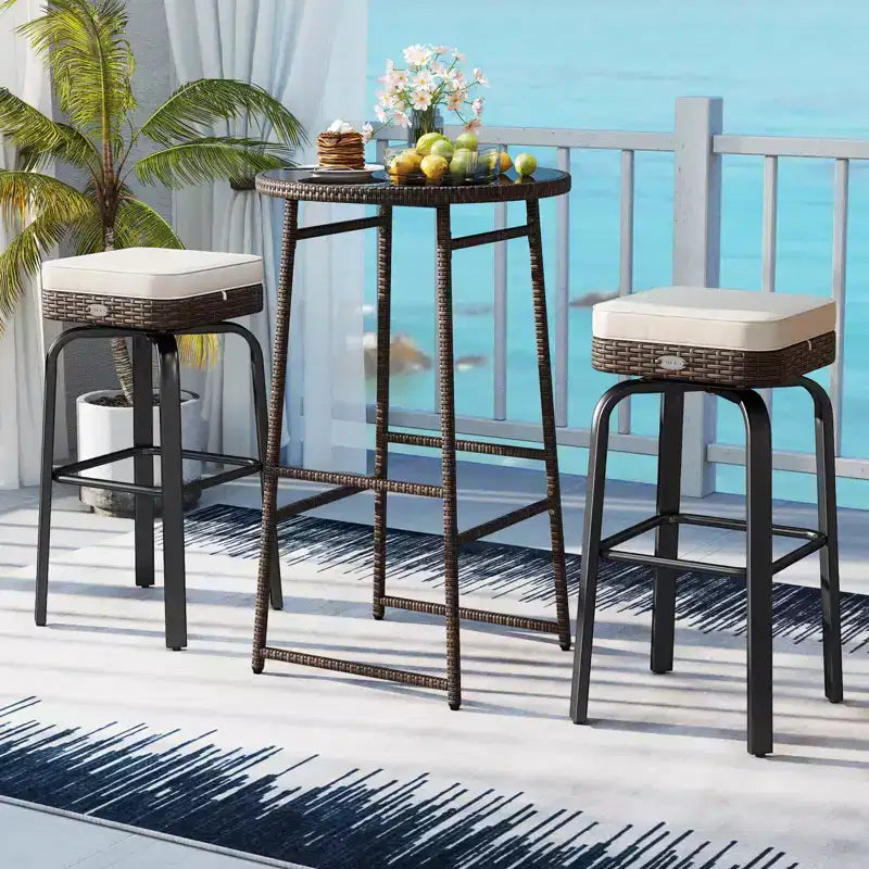 Costway 3 PCS Outdoor Swivel Bar Set with 2 Chairs, Tempered Glass Top, Soft Cushions