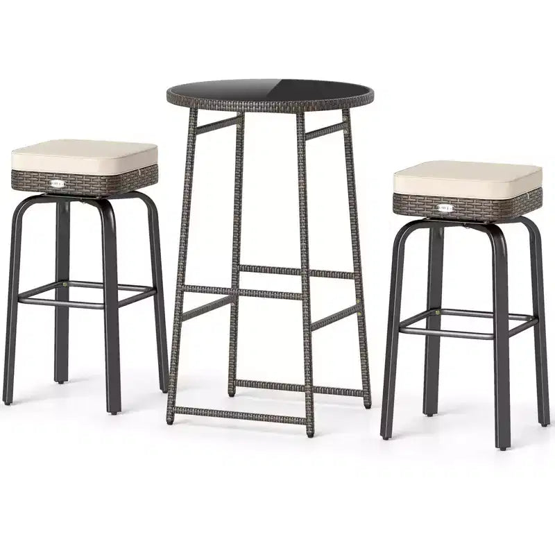 Costway 3 PCS Outdoor Swivel Bar Set with 2 Chairs, Tempered Glass Top, Soft Cushions