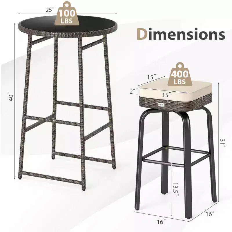 Costway 3 PCS Outdoor Swivel Bar Set with 2 Chairs, Tempered Glass Top, Soft Cushions