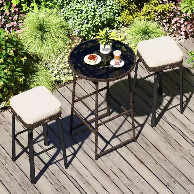 Costway 3 PCS Outdoor Swivel Bar Set with 2 Chairs, Tempered Glass Top, Soft Cushions
