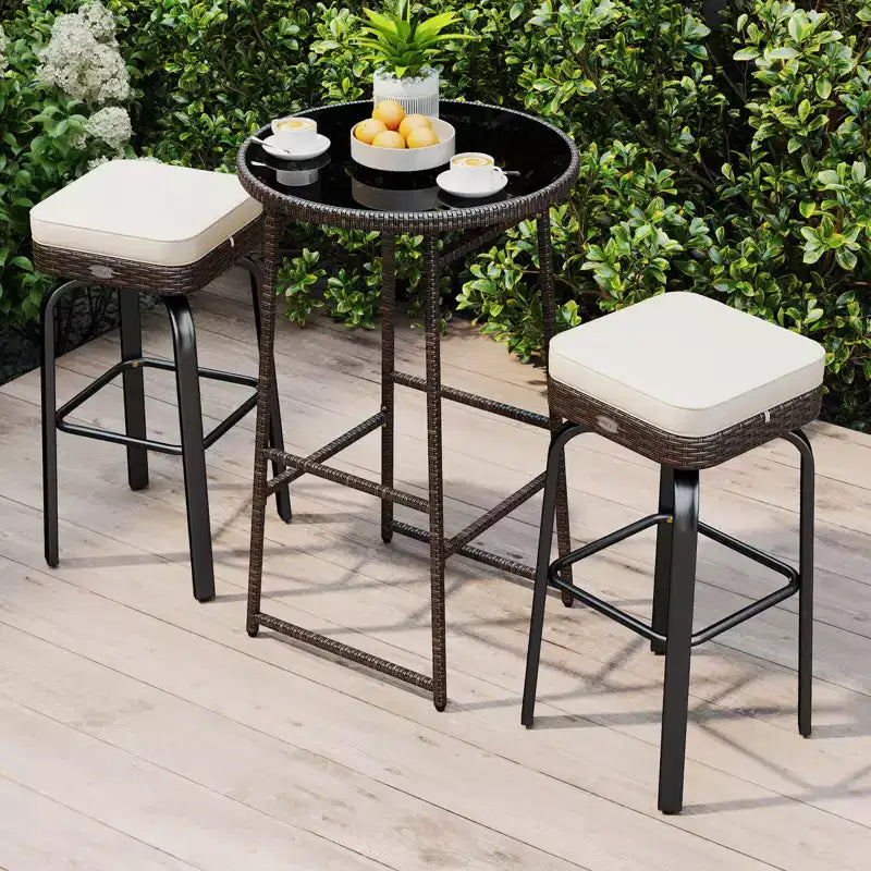 Costway 3 PCS Outdoor Swivel Bar Set with 2 Chairs, Tempered Glass Top, Soft Cushions