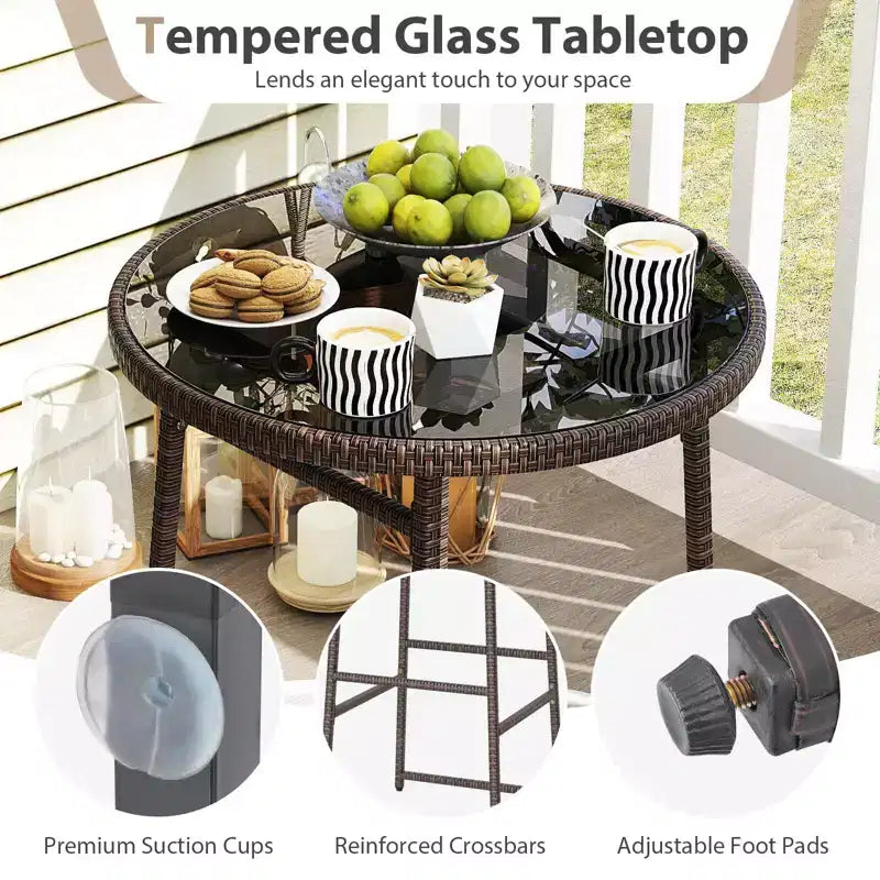 Costway 3 PCS Outdoor Swivel Bar Set with 2 Chairs, Tempered Glass Top, Soft Cushions
