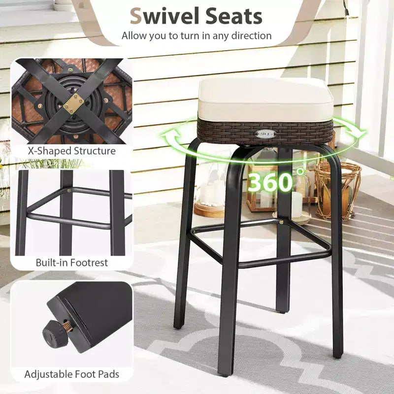 Costway 3 PCS Outdoor Swivel Bar Set with 2 Chairs, Tempered Glass Top, Soft Cushions