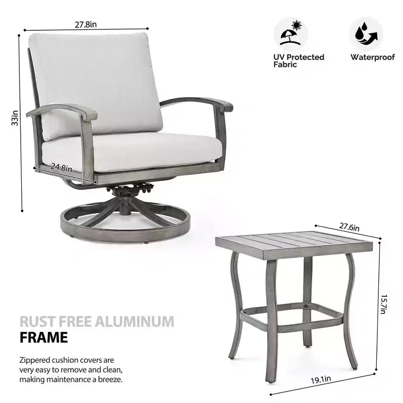 HAPPATIO Aluminum Outdoor Bistro Set, 3 Piece Swivel Patio Chairs with Cushions and Side Table, Patio Furniture Set for Backyard Porch (Gray)