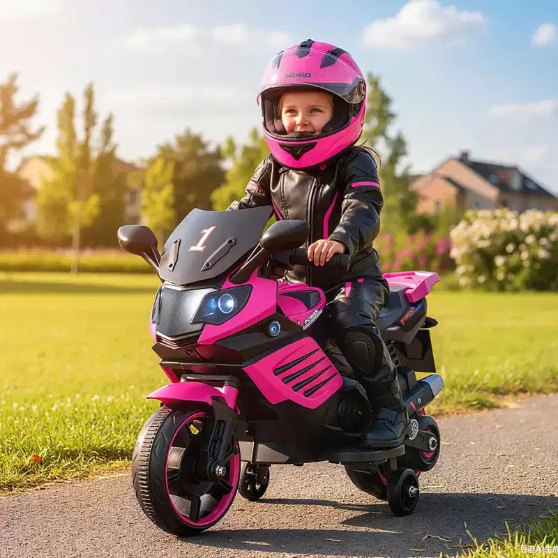 Costway 6V Kids Motorcycle with Music, Horn, Detachable Training Wheels & LED Headlights Pink/Red/Navy/White
