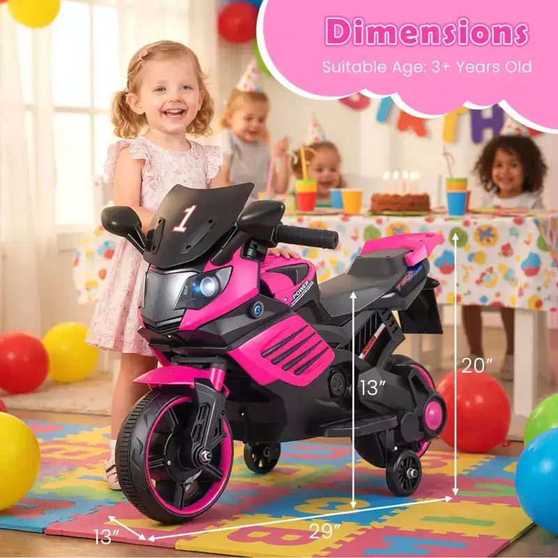 Costway 6V Kids Motorcycle with Music, Horn, Detachable Training Wheels & LED Headlights Pink/Red/Navy/White