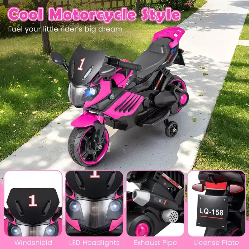 Costway 6V Kids Motorcycle with Music, Horn, Detachable Training Wheels & LED Headlights Pink/Red/Navy/White