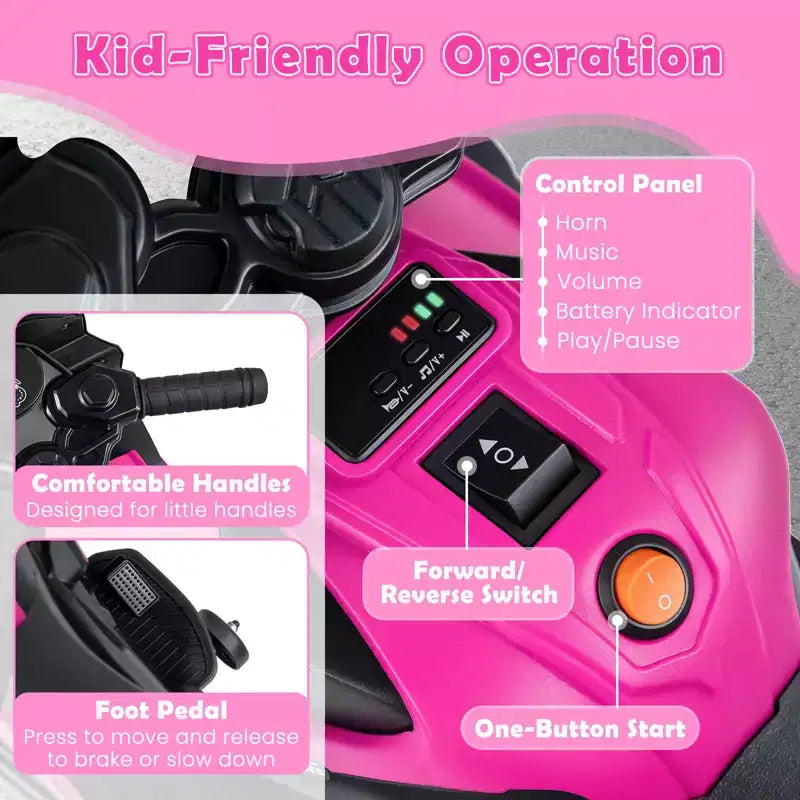 Costway 6V Kids Motorcycle with Music, Horn, Detachable Training Wheels & LED Headlights Pink/Red/Navy/White