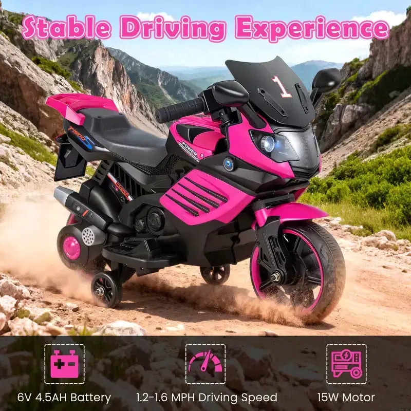 Costway 6V Kids Motorcycle with Music, Horn, Detachable Training Wheels & LED Headlights Pink/Red/Navy/White