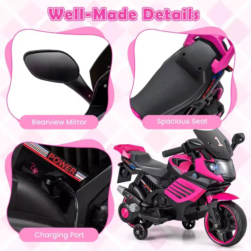 Costway 6V Kids Motorcycle with Music, Horn, Detachable Training Wheels & LED Headlights Pink/Red/Navy/White