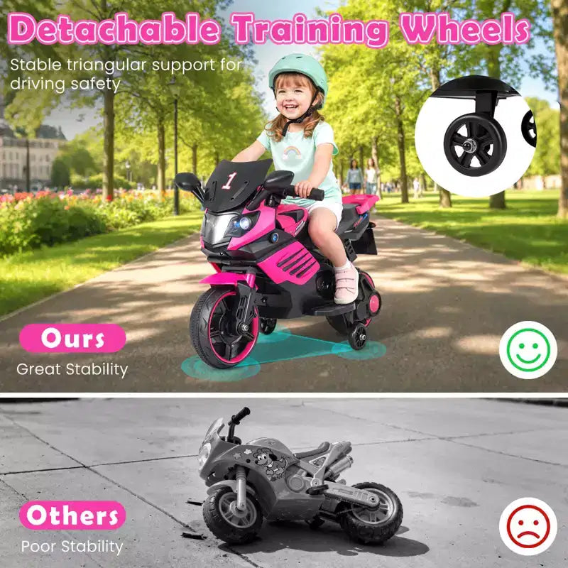 Costway 6V Kids Motorcycle with Music, Horn, Detachable Training Wheels & LED Headlights Pink/Red/Navy/White