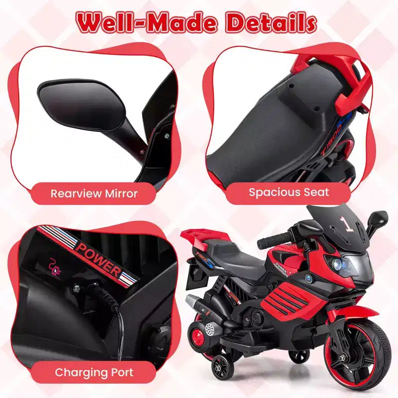 Costway 6V Kids Motorcycle with Music, Horn, Detachable Training Wheels & LED Headlights Pink/Red/Navy/White