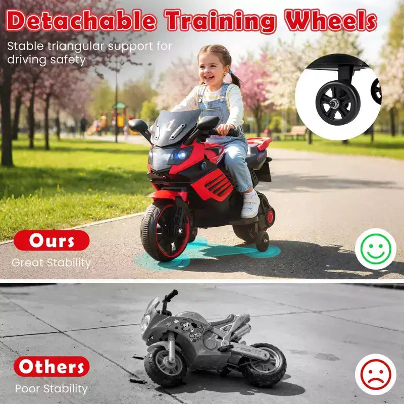 Costway 6V Kids Motorcycle with Music, Horn, Detachable Training Wheels & LED Headlights Pink/Red/Navy/White
