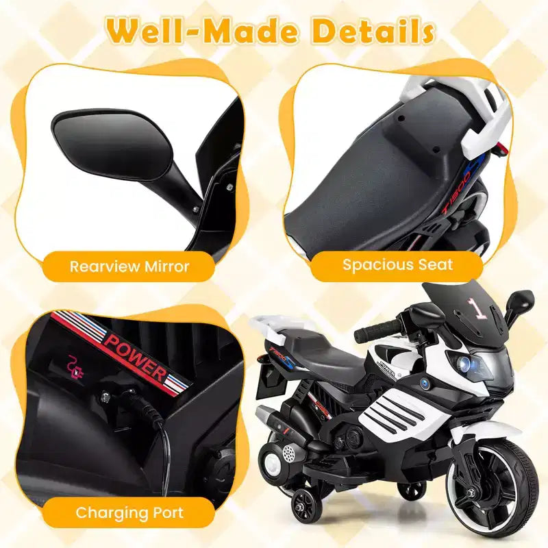 Costway 6V Kids Motorcycle with Music, Horn, Detachable Training Wheels & LED Headlights Pink/Red/Navy/White