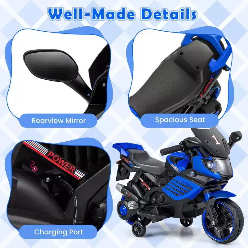 Costway 6V Kids Motorcycle with Music, Horn, Detachable Training Wheels & LED Headlights Pink/Red/Navy/White