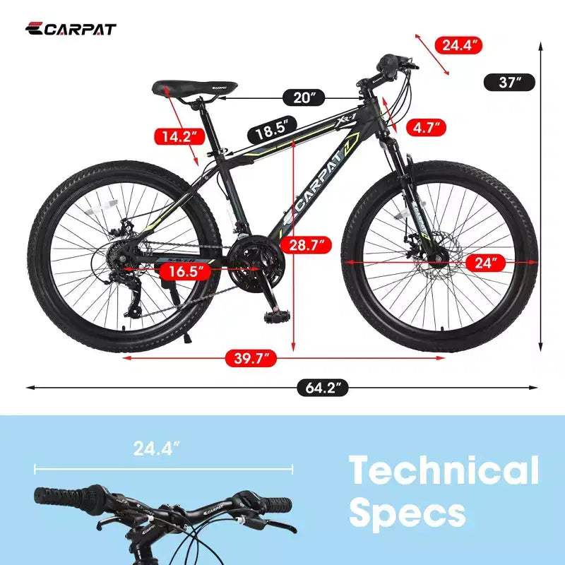 NAYSAYE 24 Inch Mountain Bike 21 Speed Dual Disc Brakes Steel Frame Bikes for Adults for Outdoor Adventure, Black and Green, 26.3*7.88*28.35
