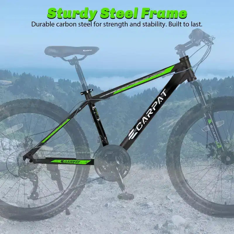NAYSAYE 26 Inch Mountain Bike 21 Speed Disc Brakes High Carbon Steel Frame Bikes for Adults for Trail Riding, Black and Green, 71*25*39.3