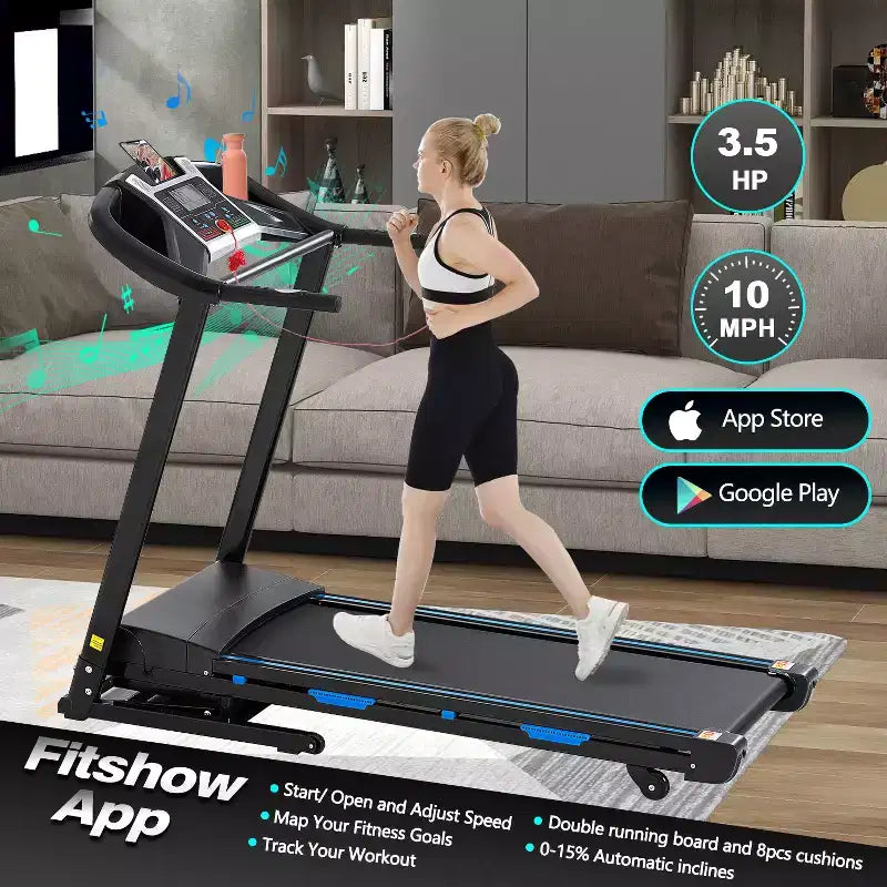 FYC 330LBS Weight Capacity with 15% Auto Incline Electric Folding Treadmills, 3.5HP 10MPH Max Speed Bluetooth APP Heart Rate Sensor