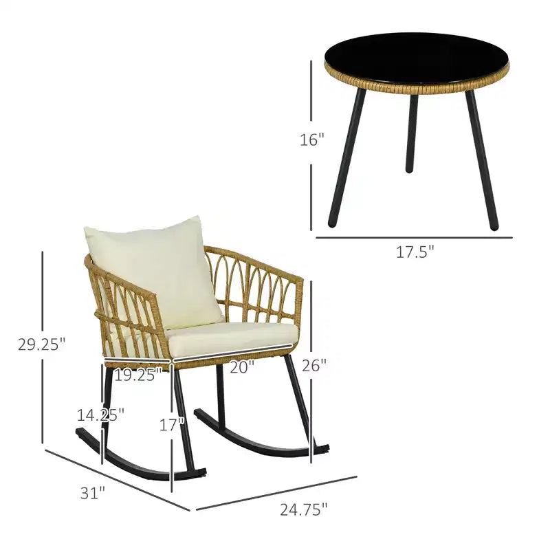 Wicker Outdoor Rocking Chair Set, 3 Piece Patio Bistro Set with 2 Porch Rocker Chairs, Glass Top Coffee Table and Cushions, Patio Conversation Set