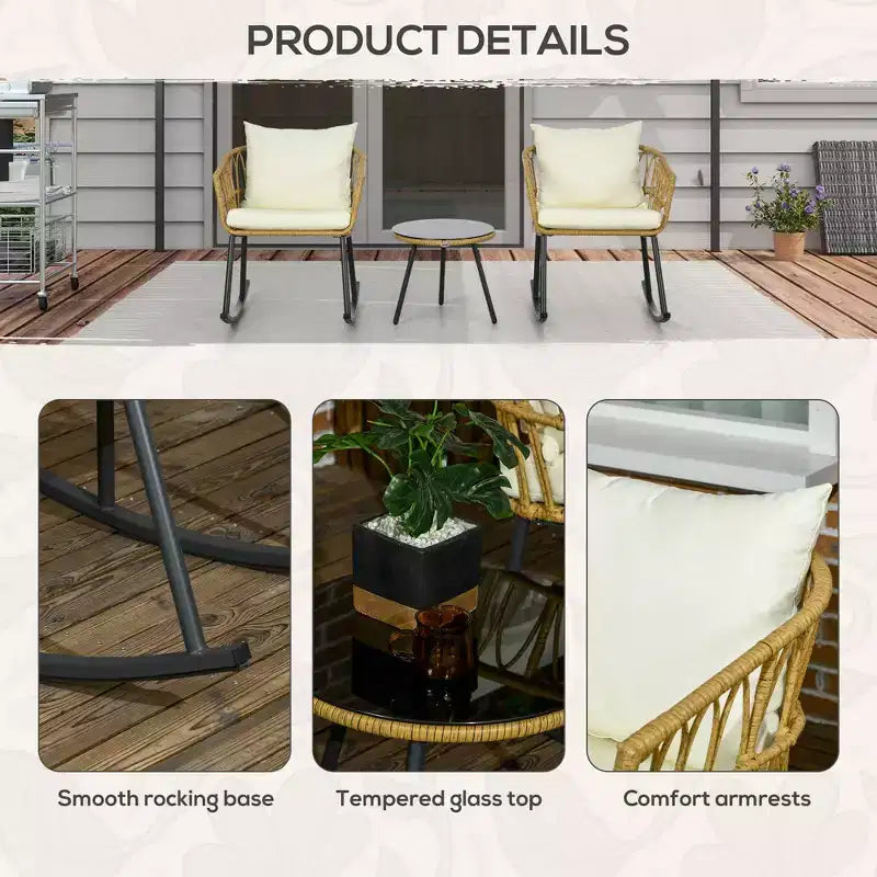 Wicker Outdoor Rocking Chair Set, 3 Piece Patio Bistro Set with 2 Porch Rocker Chairs, Glass Top Coffee Table and Cushions, Patio Conversation Set