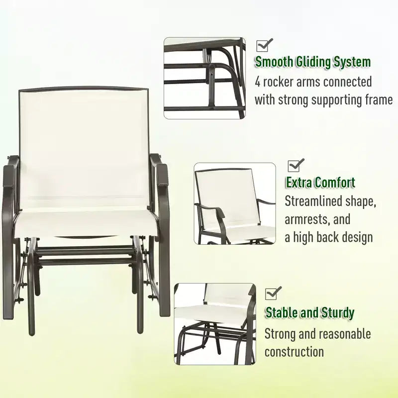 3 Piece Outdoor Glider Chair with Coffee Table Bistro Set, 2 Patio Rocking Swing Chairs with Breathable Sling Fabric, Glass Tabletop