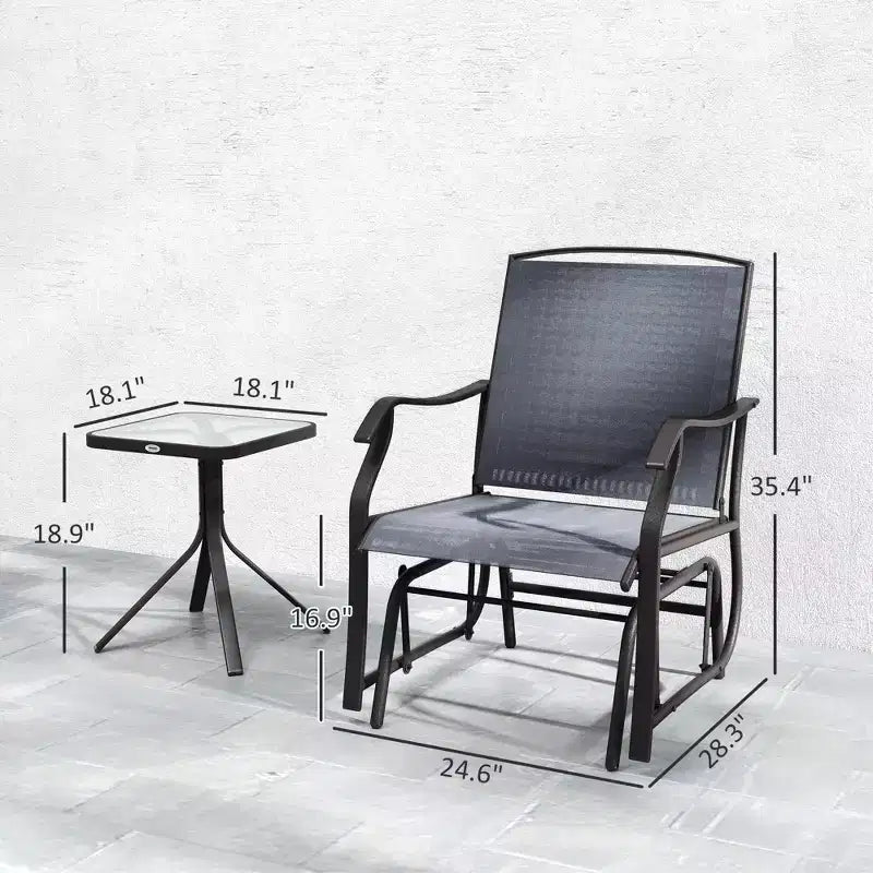 3 Piece Outdoor Glider Chair with Coffee Table Bistro Set, 2 Patio Rocking Swing Chairs with Breathable Sling Fabric, Glass Tabletop