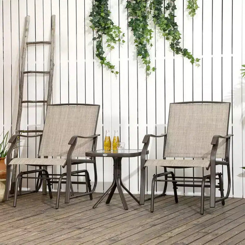 3 Piece Outdoor Glider Chair with Coffee Table Bistro Set, 2 Patio Rocking Swing Chairs with Breathable Sling Fabric, Glass Tabletop
