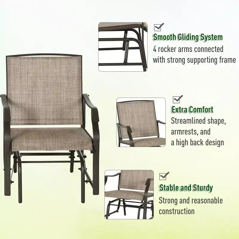 3 Piece Outdoor Glider Chair with Coffee Table Bistro Set, 2 Patio Rocking Swing Chairs with Breathable Sling Fabric, Glass Tabletop