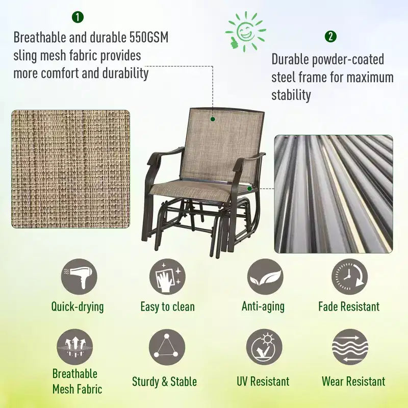 3 Piece Outdoor Glider Chair with Coffee Table Bistro Set, 2 Patio Rocking Swing Chairs with Breathable Sling Fabric, Glass Tabletop