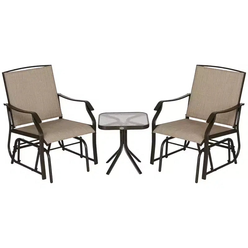 3 Piece Outdoor Glider Chair with Coffee Table Bistro Set, 2 Patio Rocking Swing Chairs with Breathable Sling Fabric, Glass Tabletop