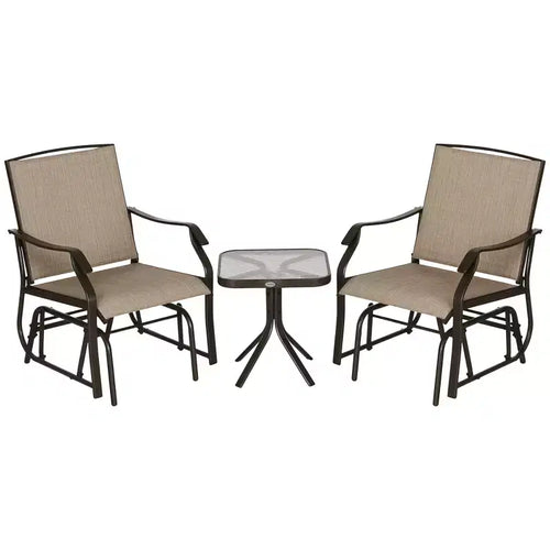 3 Piece Outdoor Glider Chair with Coffee Table Bistro Set, 2 Patio Rocking Swing Chairs with Breathable Sling Fabric, Glass Tabletop