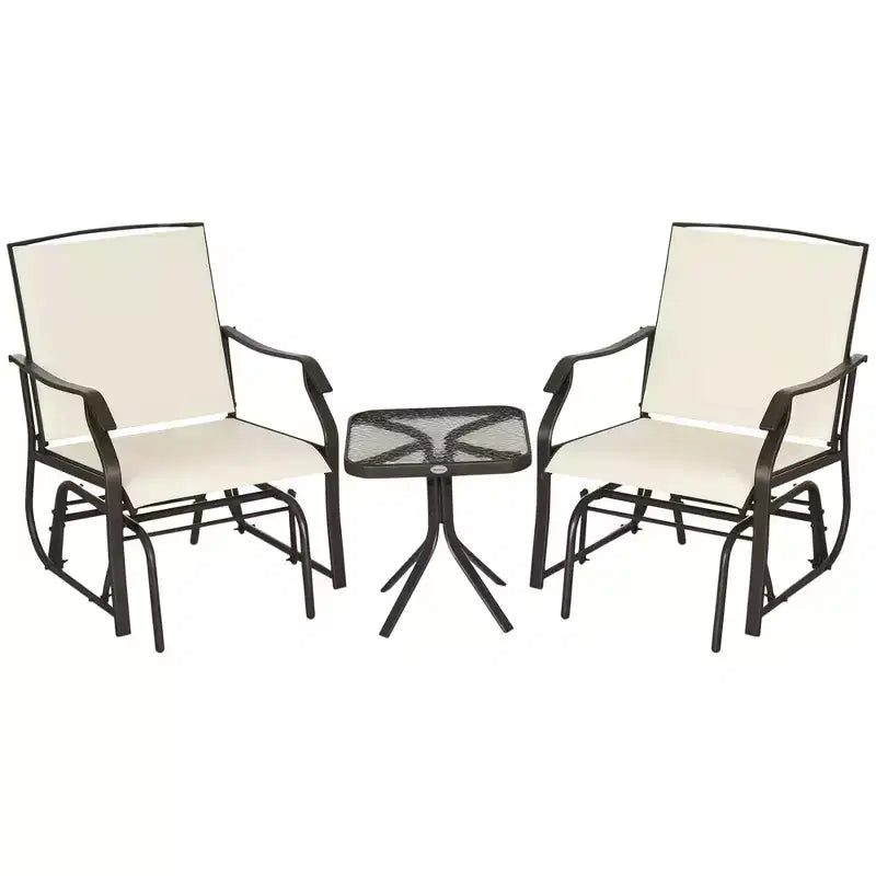 3 Piece Outdoor Glider Chair with Coffee Table Bistro Set, 2 Patio Rocking Swing Chairs with Breathable Sling Fabric, Glass Tabletop