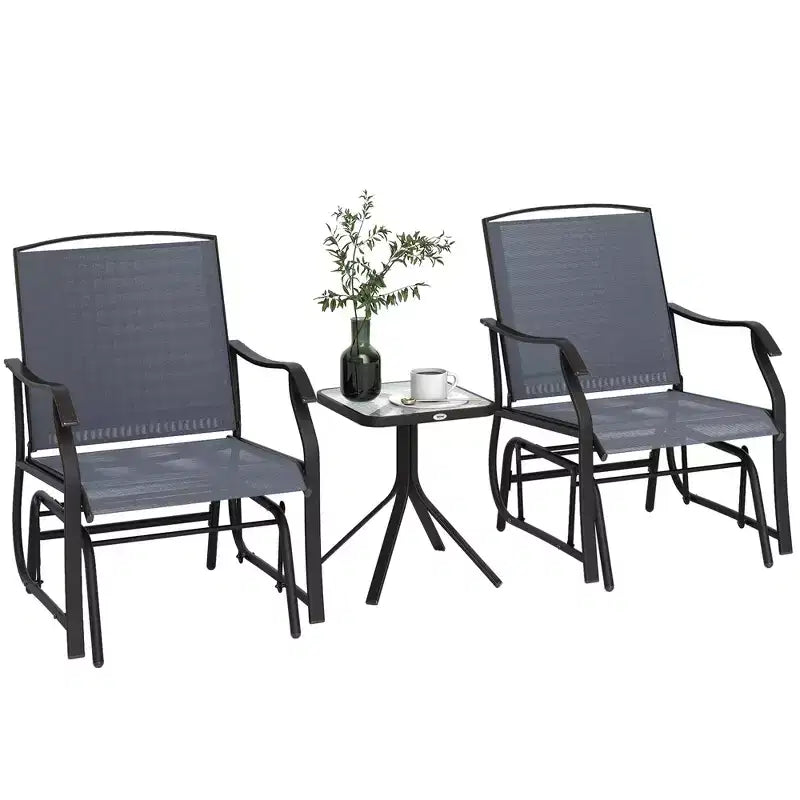3 Piece Outdoor Glider Chair with Coffee Table Bistro Set, 2 Patio Rocking Swing Chairs with Breathable Sling Fabric, Glass Tabletop