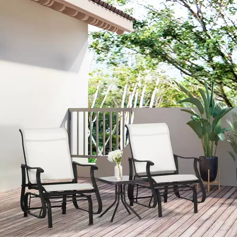 3-Piece Outdoor Gliders Set Bistro Set with Steel Frame, Tempered Glass Top Table for Patio, Garden, Lawn