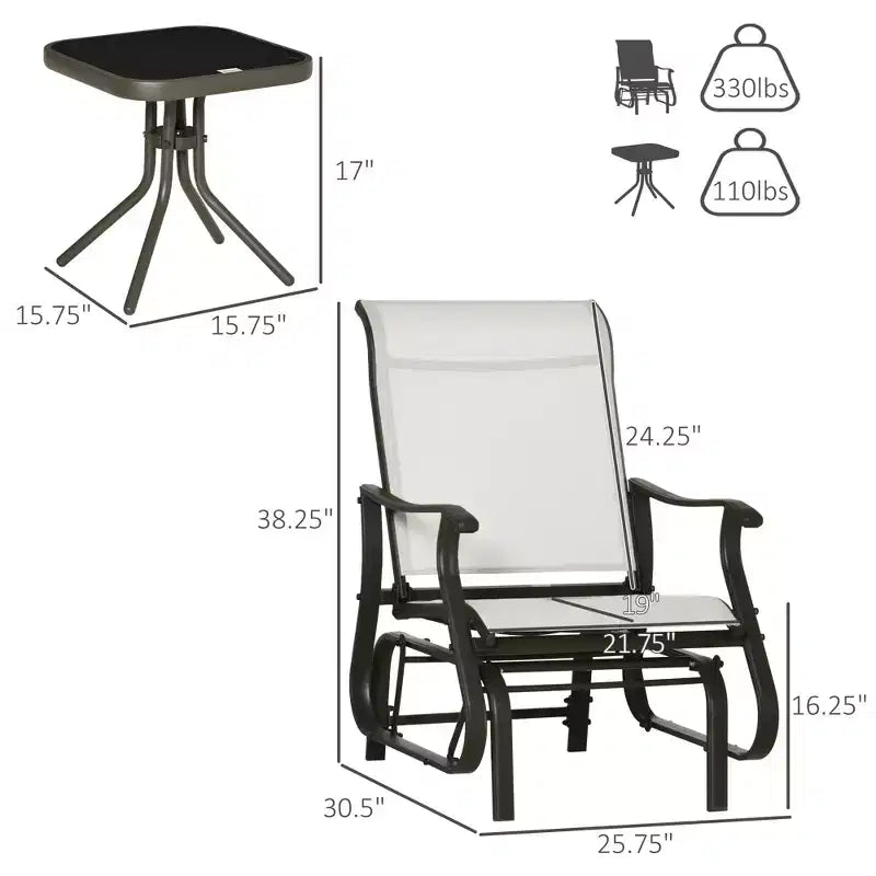 3-Piece Outdoor Gliders Set Bistro Set with Steel Frame, Tempered Glass Top Table for Patio, Garden, Lawn